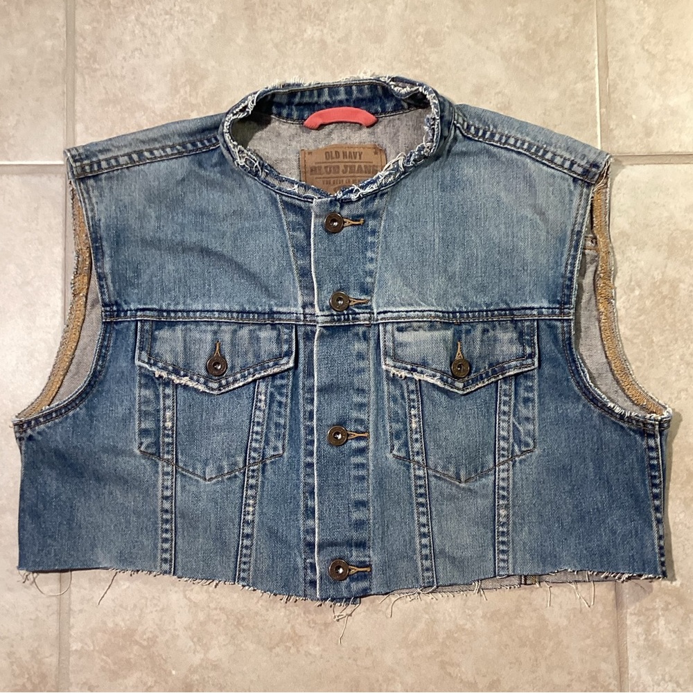 Old Navy Cropped Blue Denim Cut-Off Collarless Sleeveless Jean Vest